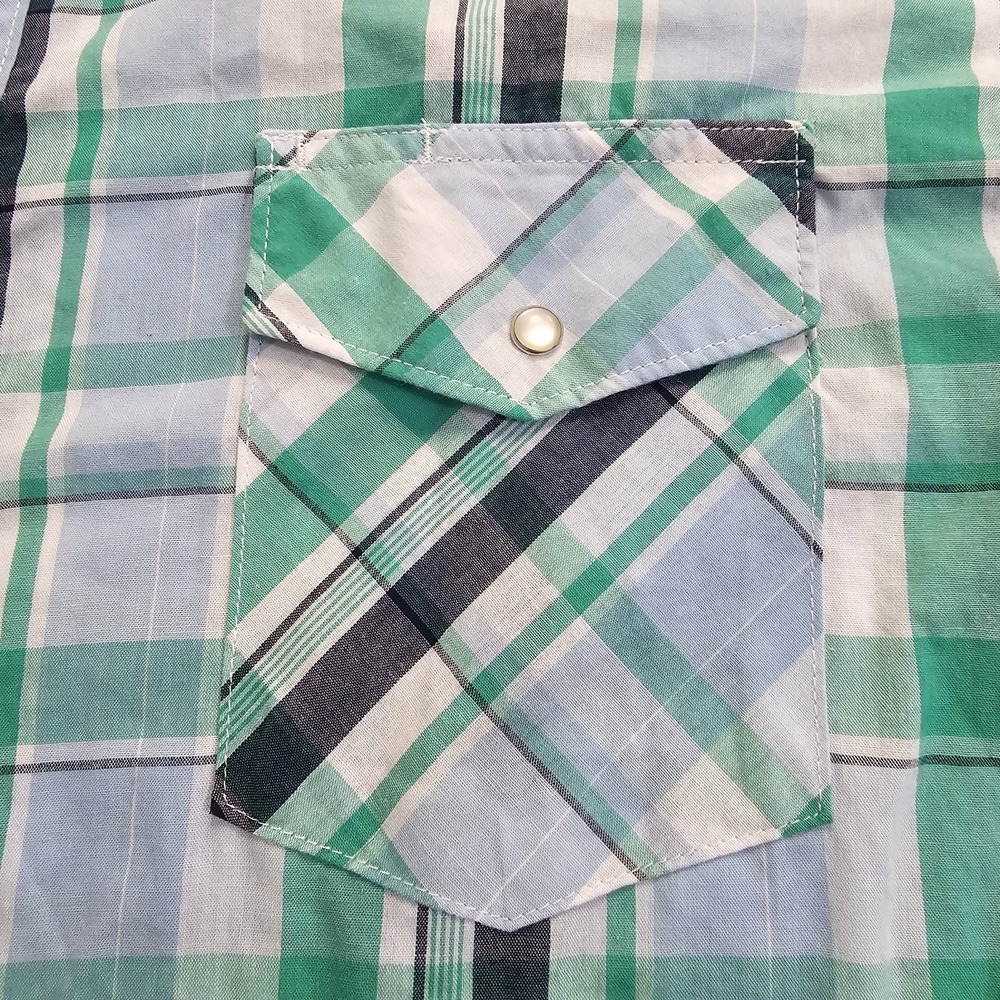 Rustler X-Long Tails‎ Teal, White, Navy Western Pearl Snap Wrangler Cowboy Rodeo - Picture 8 of 9